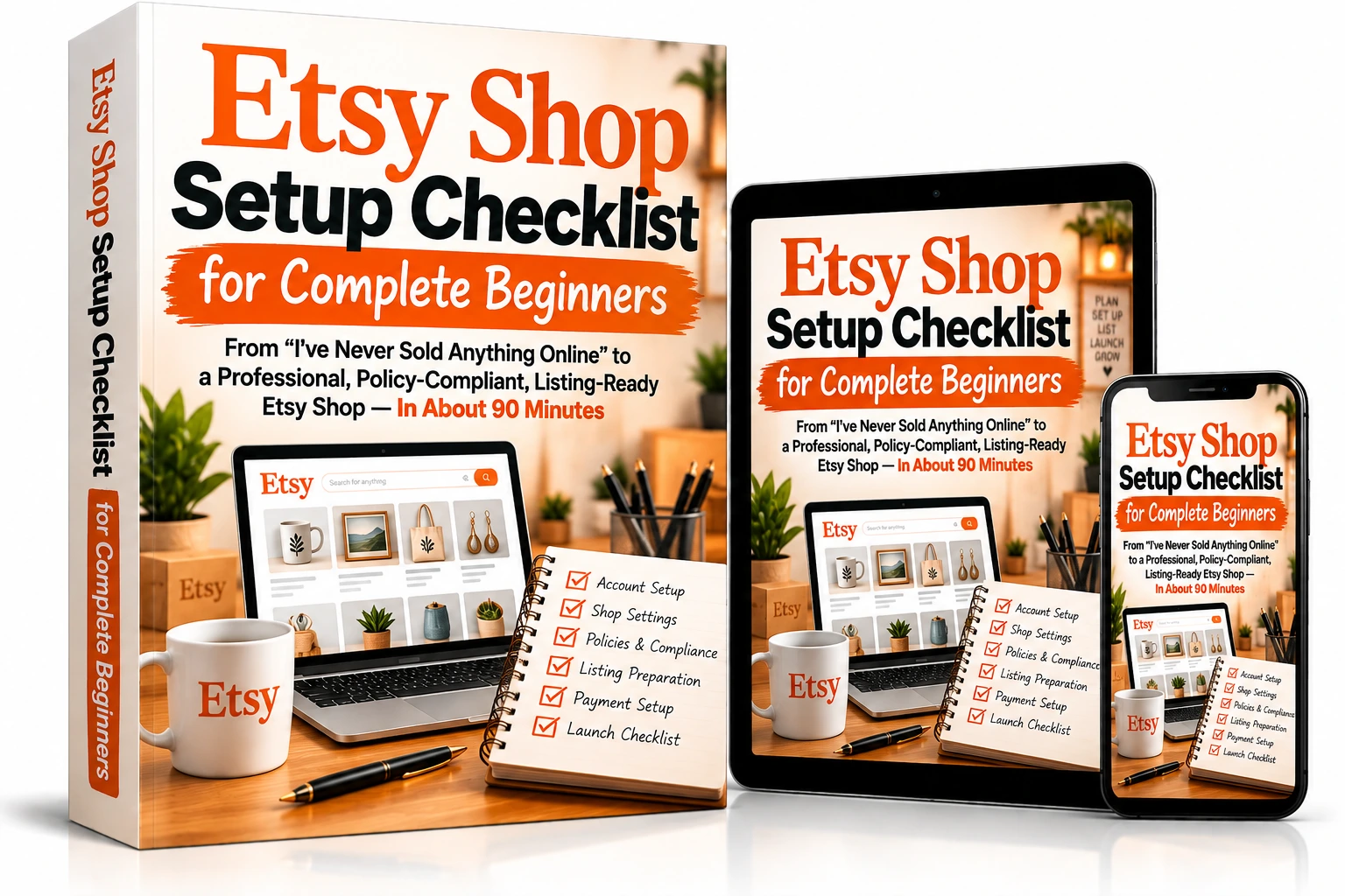 Etsy Shop Setup Checklist for Complete Beginners — mockup on box, tablet and phone