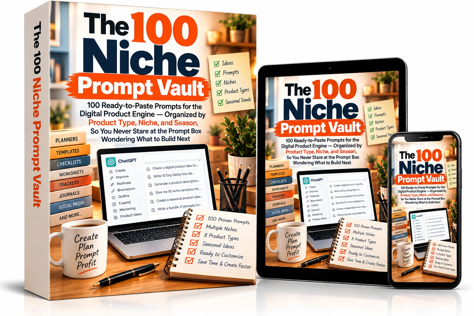 The 100 Niche Prompt Vault — mockup on box, tablet and phone
