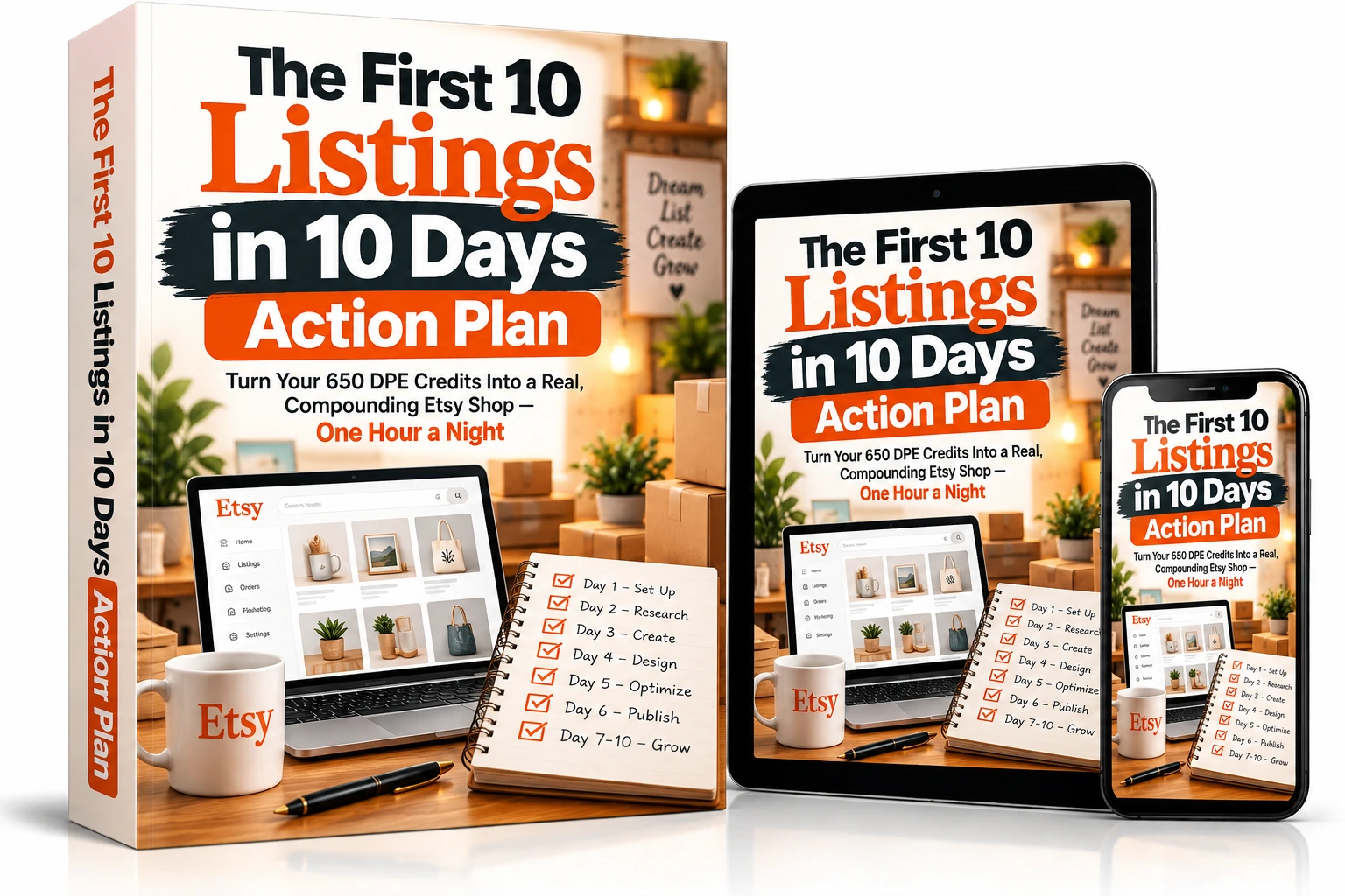 The First 10 Listings in 10 Days Action Plan — mockup on box, tablet and phone